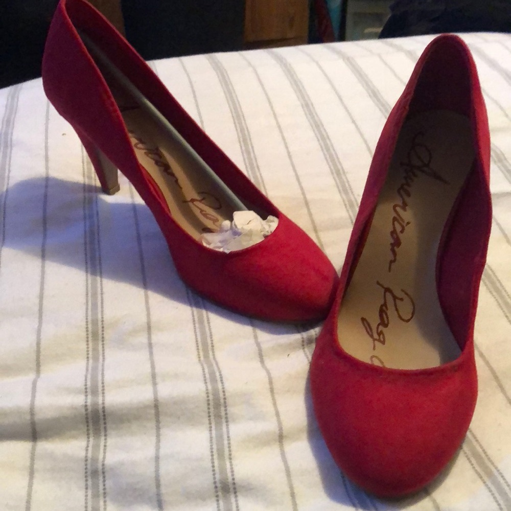 Red pumps, faux suede, size 9.